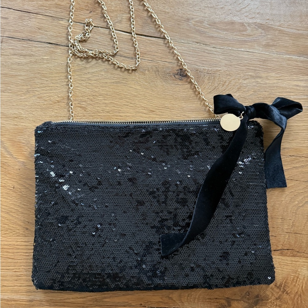 Black Purse or Clutch with Removable Chain Strap, Sequin and Bow Details